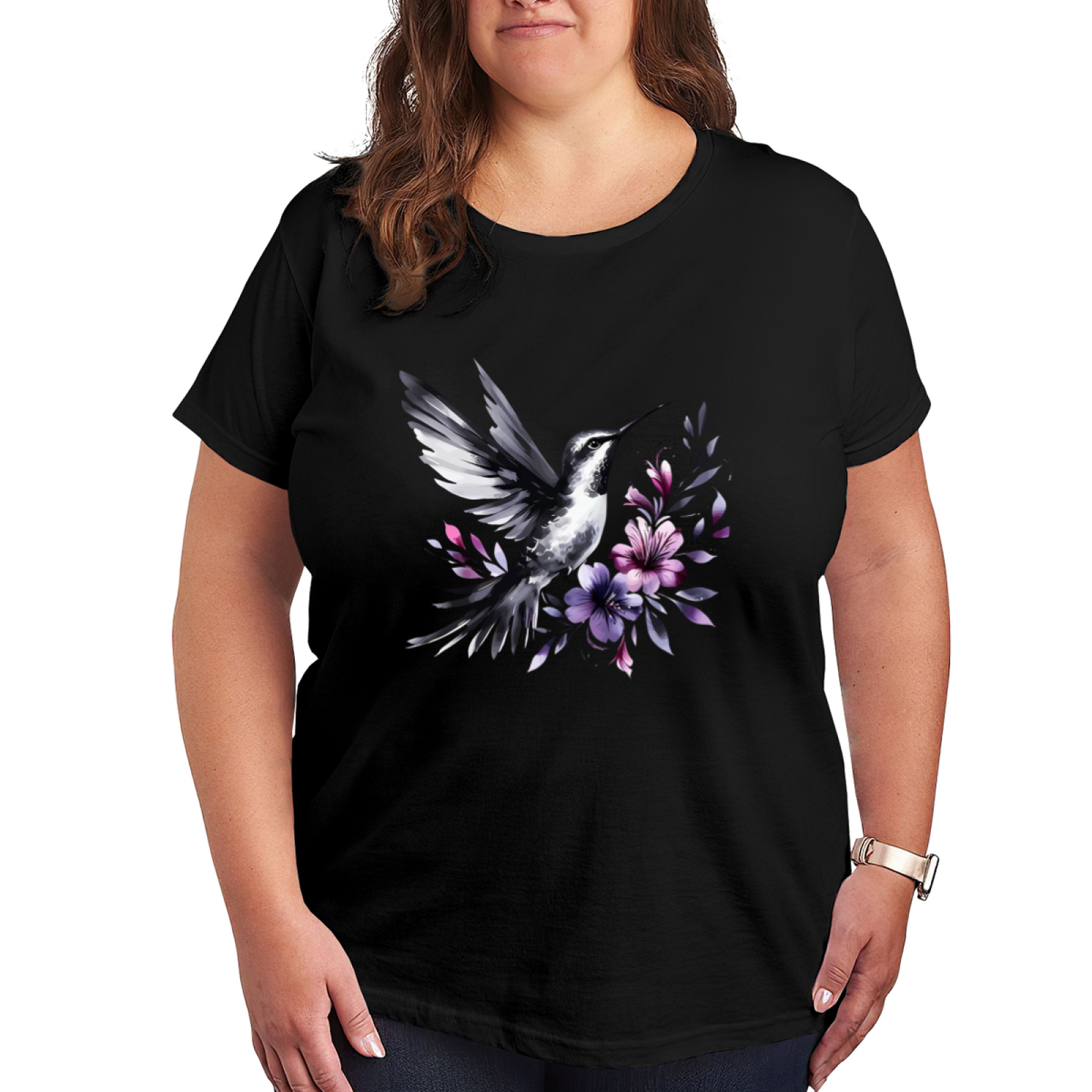 Ink Wash Black Hummingbird Purple Flower Art Plus Size Women Printed T-Shirt