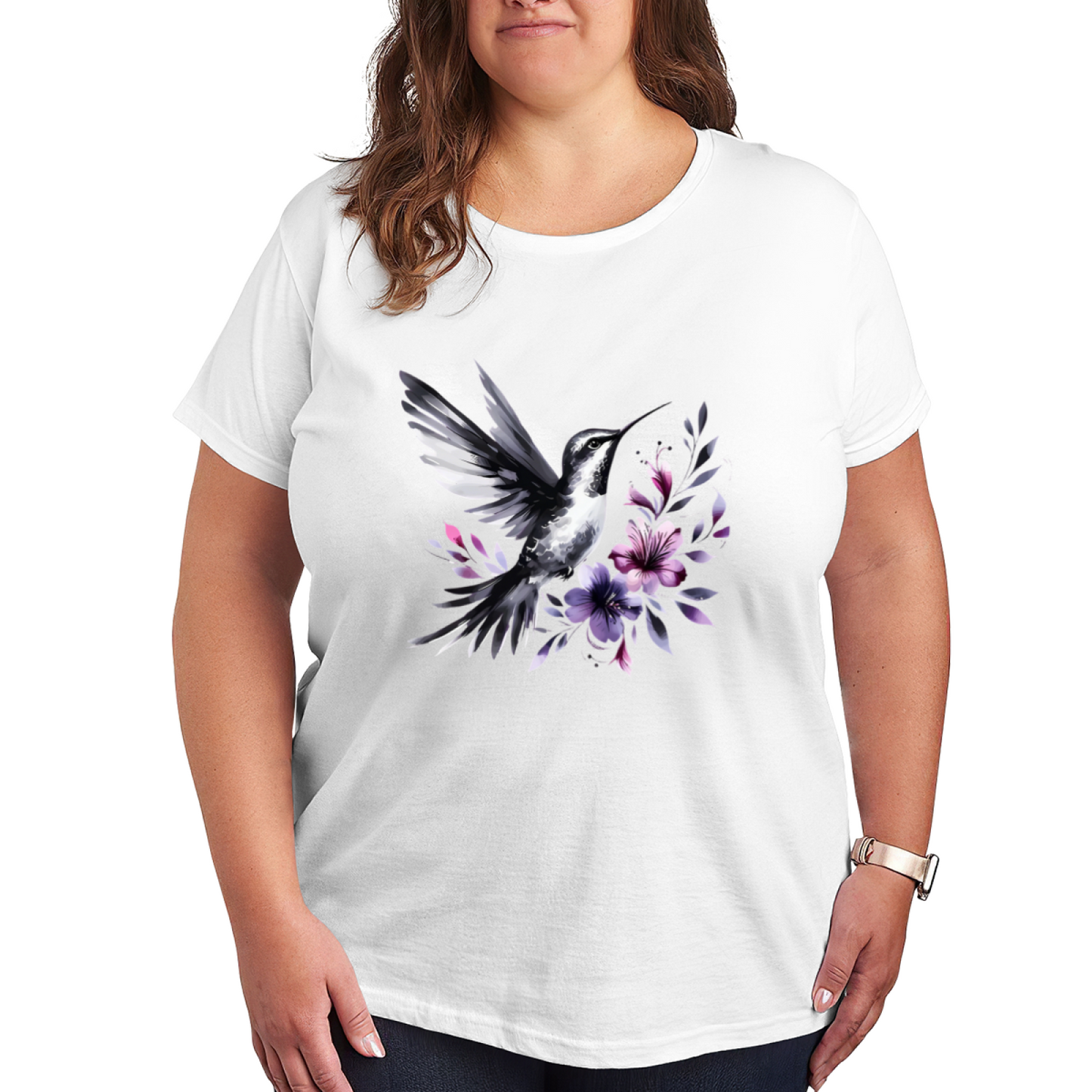 Ink Wash Black Hummingbird Purple Flower Art Plus Size Women Printed T-Shirt