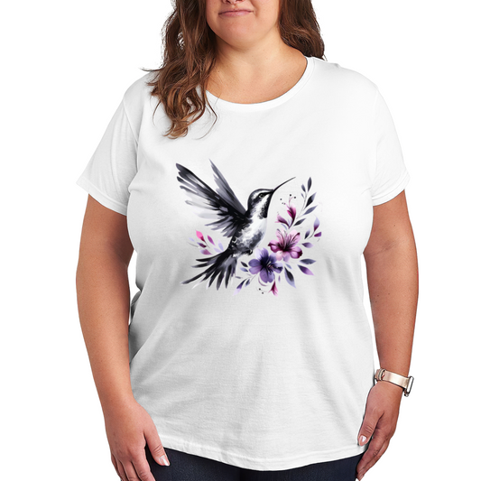 Ink Wash Black Hummingbird Purple Flower Art Plus Size Women Printed T-Shirt