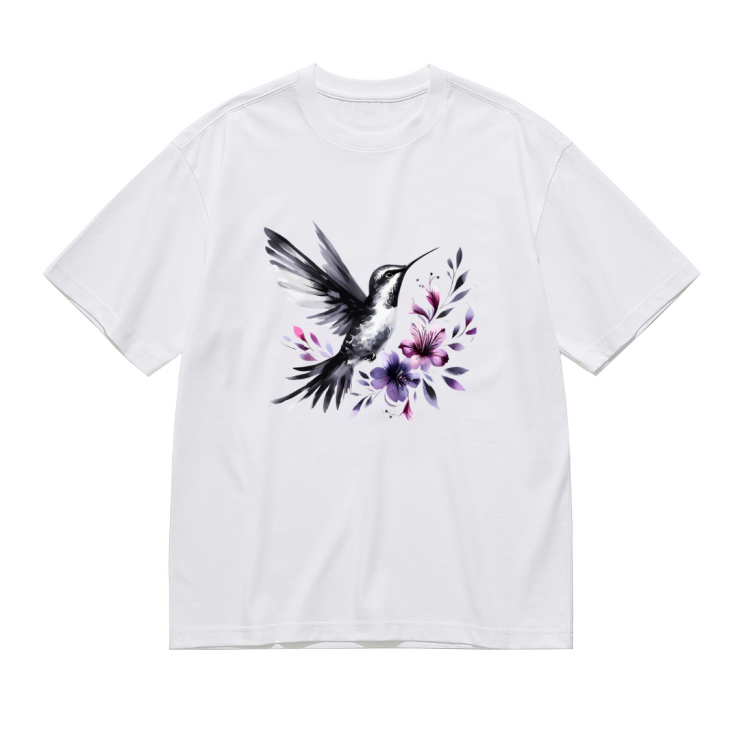Ink Wash Black Hummingbird Purple Flower Art Plus Size Women Printed T-Shirt
