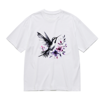 Ink Wash Black Hummingbird Purple Flower Art Plus Size Women Printed T-Shirt