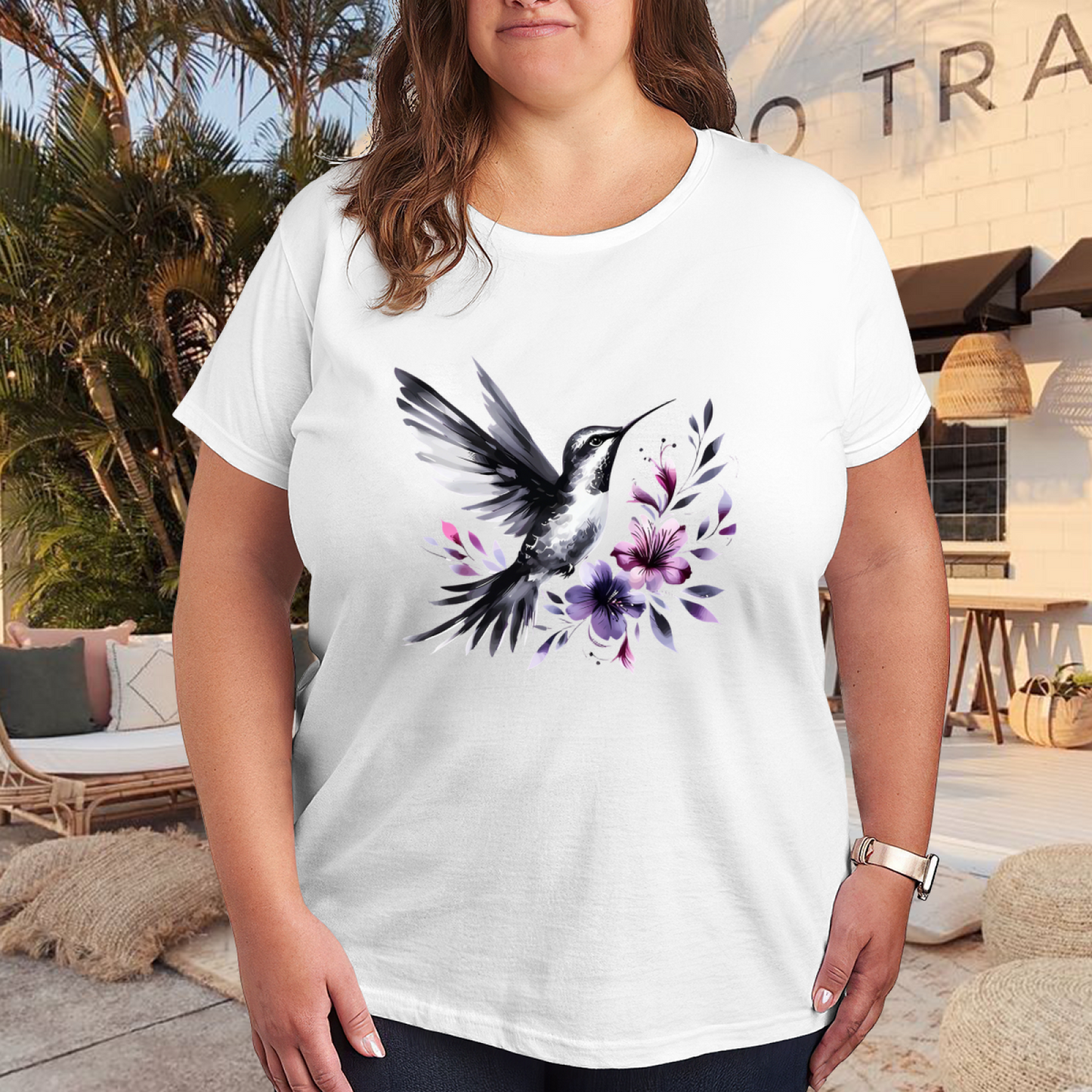 Ink Wash Black Hummingbird Purple Flower Art Plus Size Women Printed T-Shirt