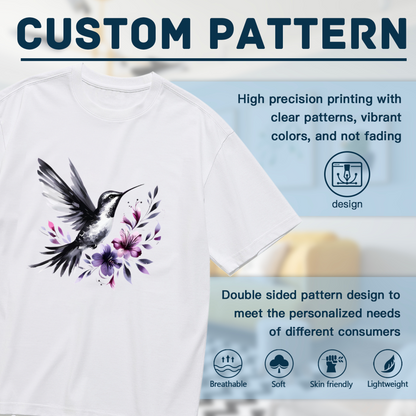 Ink Wash Black Hummingbird Purple Flower Art Plus Size Women Printed T-Shirt