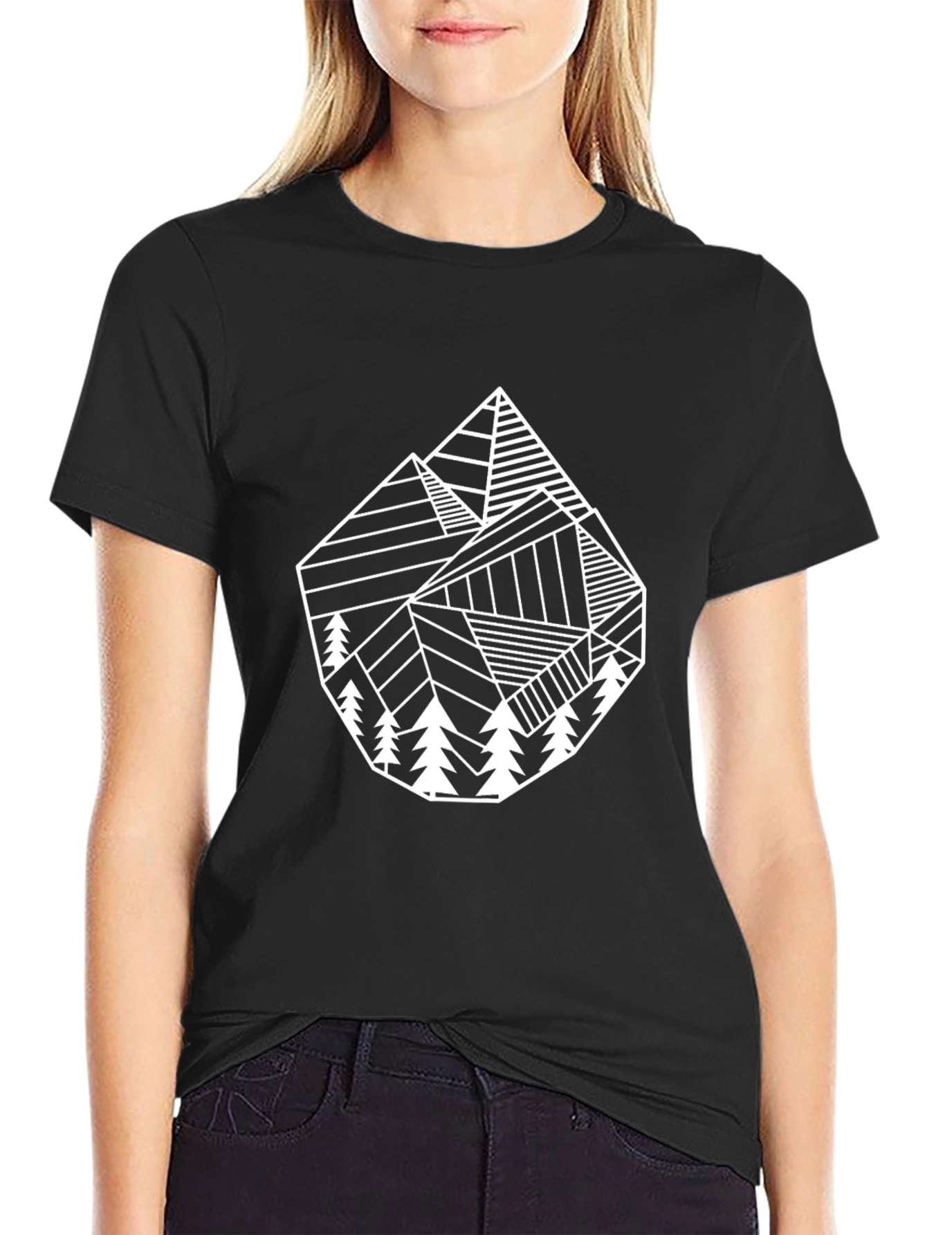 Geometric Mountain & Tree Graphic Tee - Black