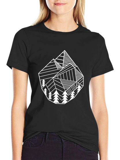 Geometric Mountain & Tree Graphic Tee - Black