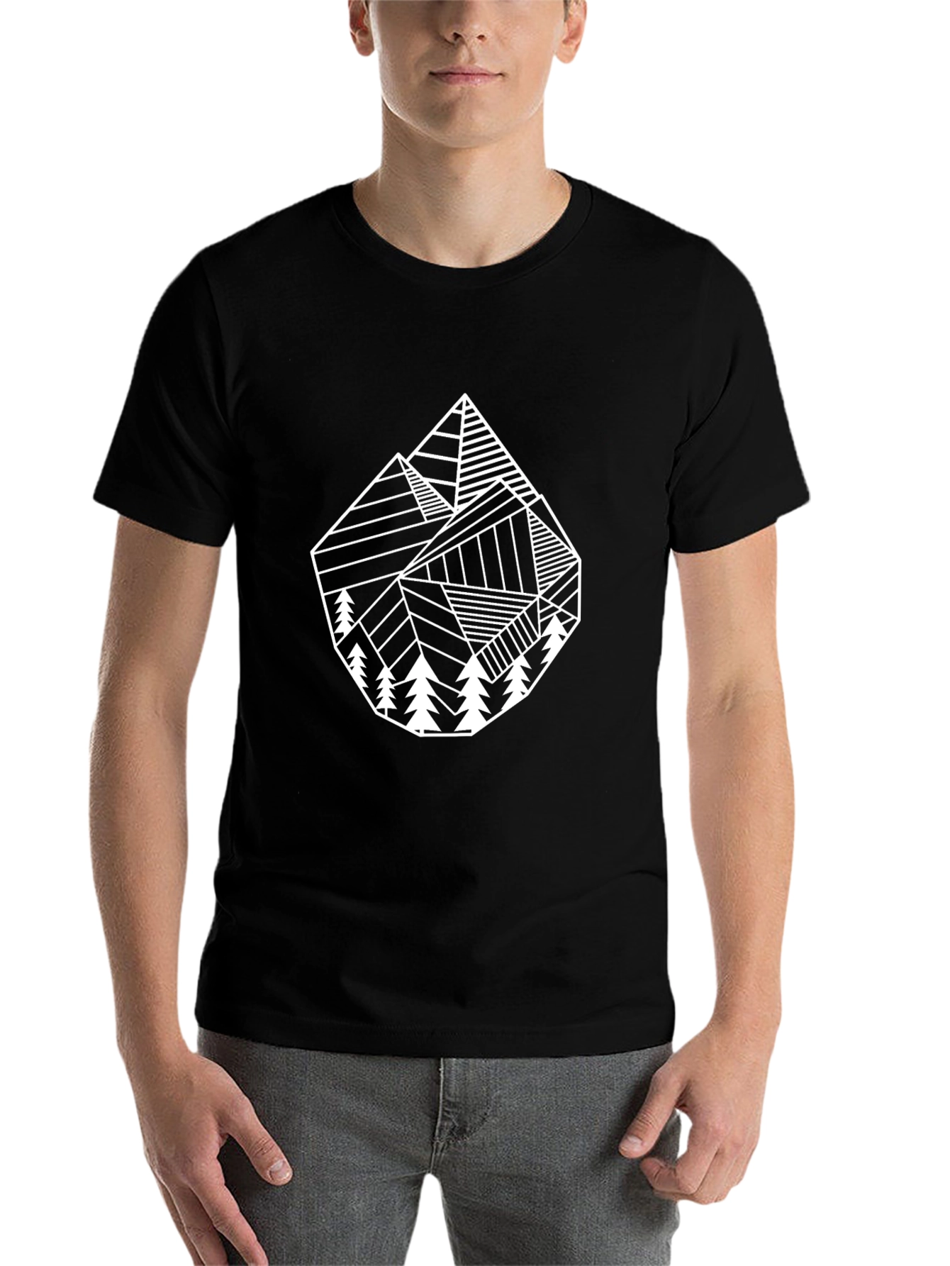 Geometric Mountain & Tree Graphic Tee - Black