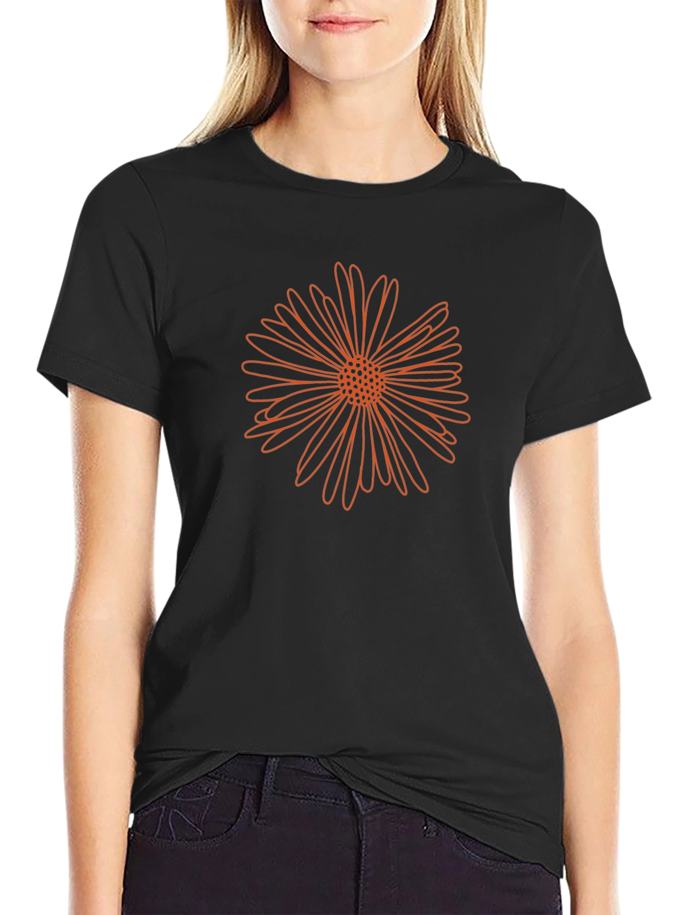 Mens Black T-Shirt with Orange Flower Design