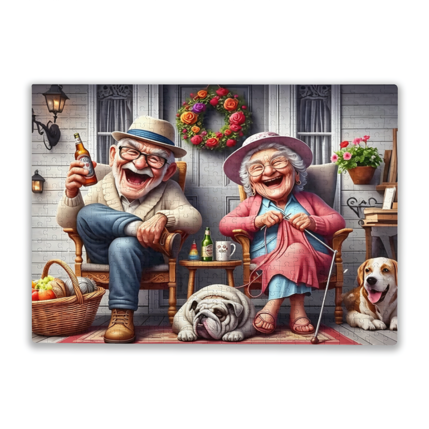 Warm Porch Elderly Couple with Cute Pets Jigsaw Puzzle | Cozy Retirement Life Cartoon Puzzle 300/500/1000pcs