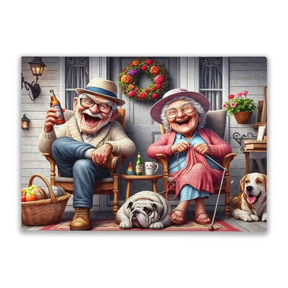 Warm Porch Elderly Couple with Cute Pets Jigsaw Puzzle | Cozy Retirement Life Cartoon Puzzle 300/500/1000pcs
