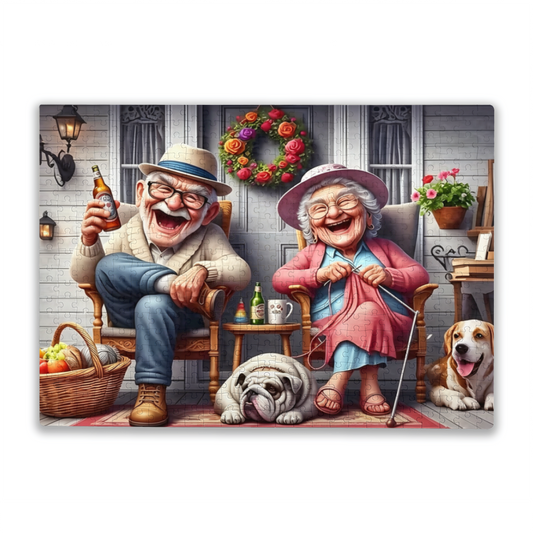 Warm Porch Elderly Couple with Cute Pets Jigsaw Puzzle | Cozy Retirement Life Cartoon Puzzle 300/500/1000pcs