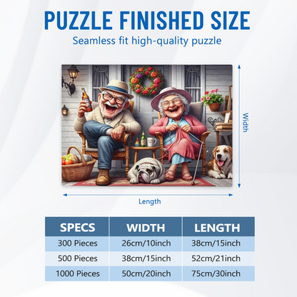 Warm Porch Elderly Couple with Cute Pets Jigsaw Puzzle | Cozy Retirement Life Cartoon Puzzle 300/500/1000pcs