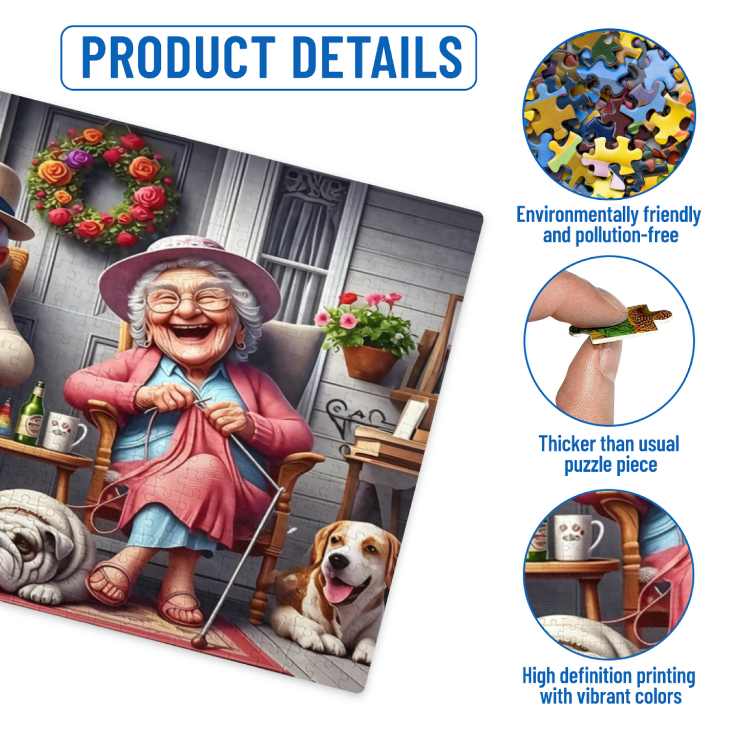 Warm Porch Elderly Couple with Cute Pets Jigsaw Puzzle | Cozy Retirement Life Cartoon Puzzle 300/500/1000pcs