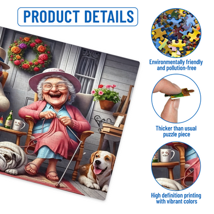 Warm Porch Elderly Couple with Cute Pets Jigsaw Puzzle | Cozy Retirement Life Cartoon Puzzle 300/500/1000pcs