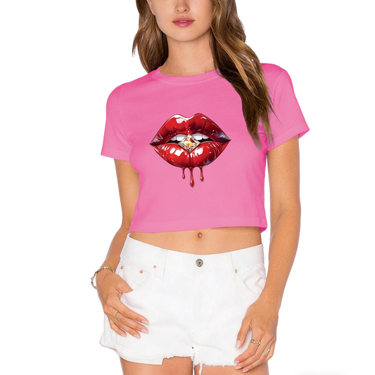 Juicy Dripping Diamond Red Lips Glam Pink Crop Top