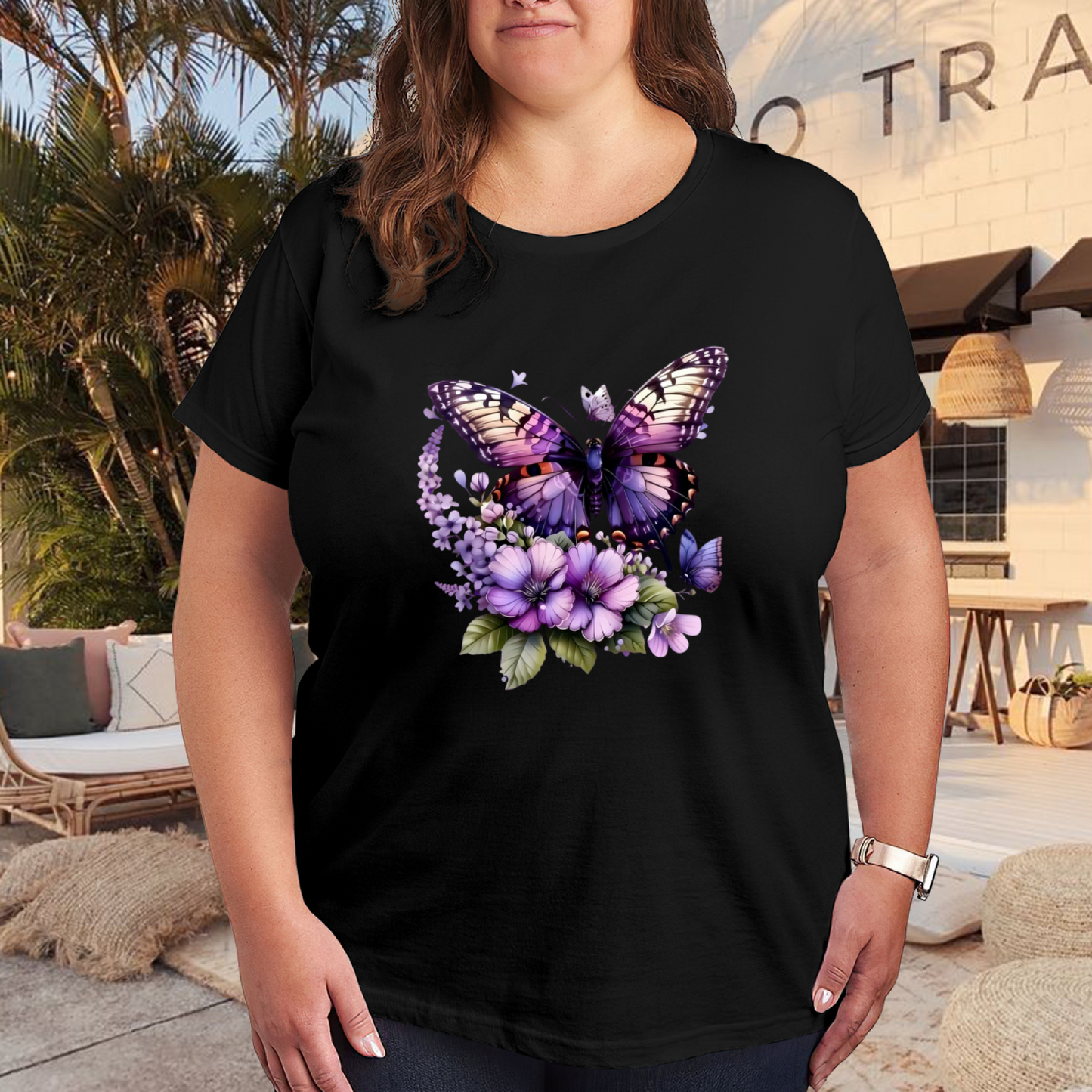 Dreamy Purple Butterfly Lavender Floral Art Plus Size Women Printed T-Shirt