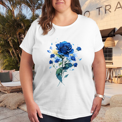 Stunning Watercolor Blue Rose Bouquet Dreamy Plus Size Women Printed T-Shirt