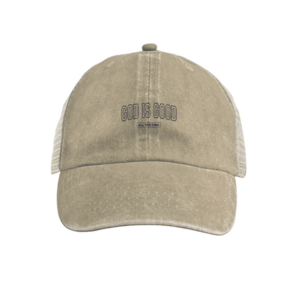 God Is Good All The Time Faith Quote Khaki Vintage Mesh Trucker Hat ¨C Religious Washed Cap