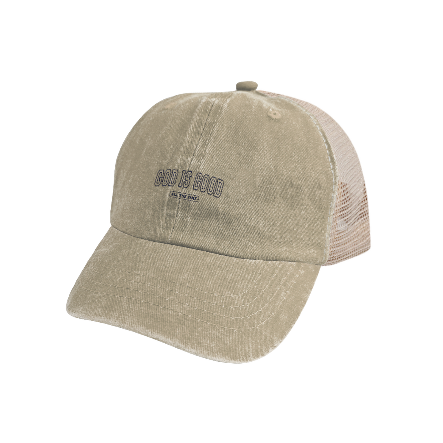 God Is Good All The Time Faith Quote Khaki Vintage Mesh Trucker Hat ¨C Religious Washed Cap
