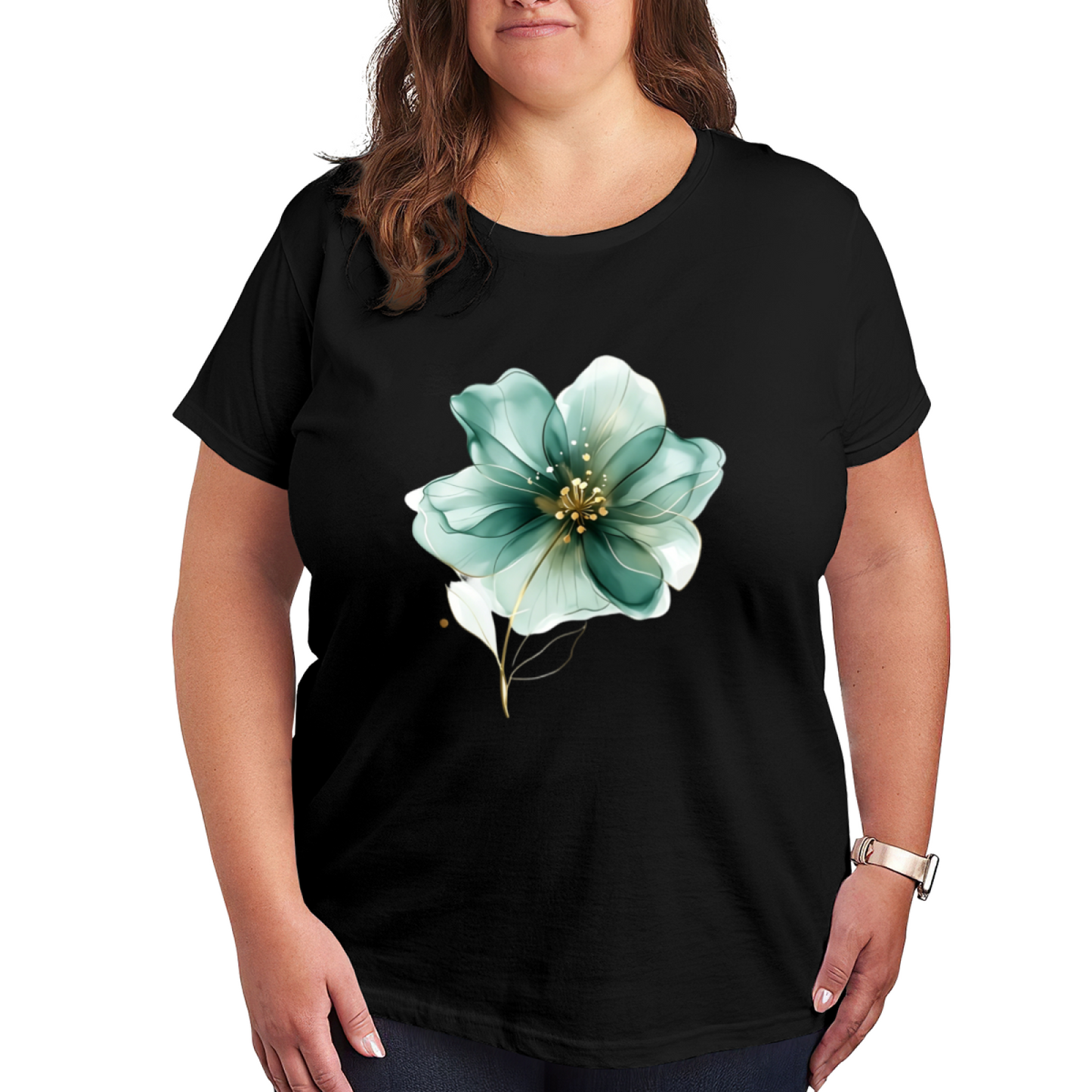 Luxury Transparent Teal Gold Flower Watercolor Plus Size Women Graphic Print T-Shirt