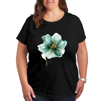 Luxury Transparent Teal Gold Flower Watercolor Plus Size Women Graphic Print T-Shirt