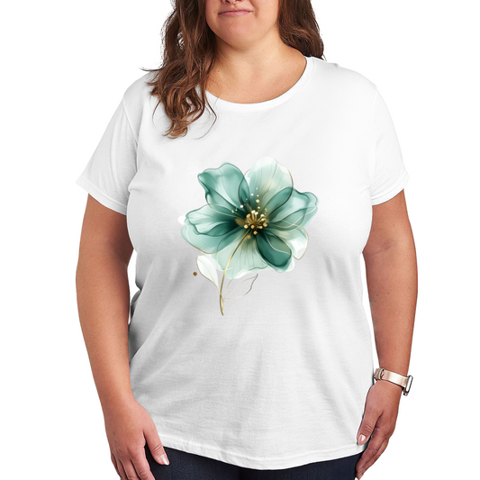 Luxury Transparent Teal Gold Flower Watercolor Plus Size Women Graphic Print T-Shirt