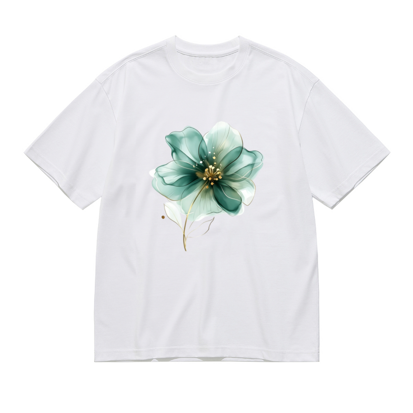 Luxury Transparent Teal Gold Flower Watercolor Plus Size Women Graphic Print T-Shirt