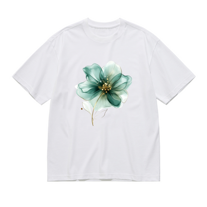 Luxury Transparent Teal Gold Flower Watercolor Plus Size Women Graphic Print T-Shirt