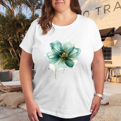 Luxury Transparent Teal Gold Flower Watercolor Plus Size Women Graphic Print T-Shirt