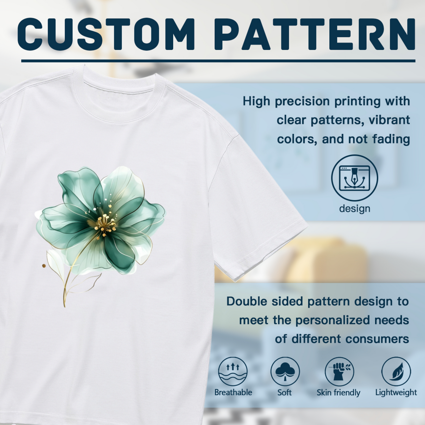 Luxury Transparent Teal Gold Flower Watercolor Plus Size Women Graphic Print T-Shirt