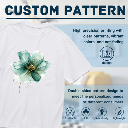Luxury Transparent Teal Gold Flower Watercolor Plus Size Women Graphic Print T-Shirt