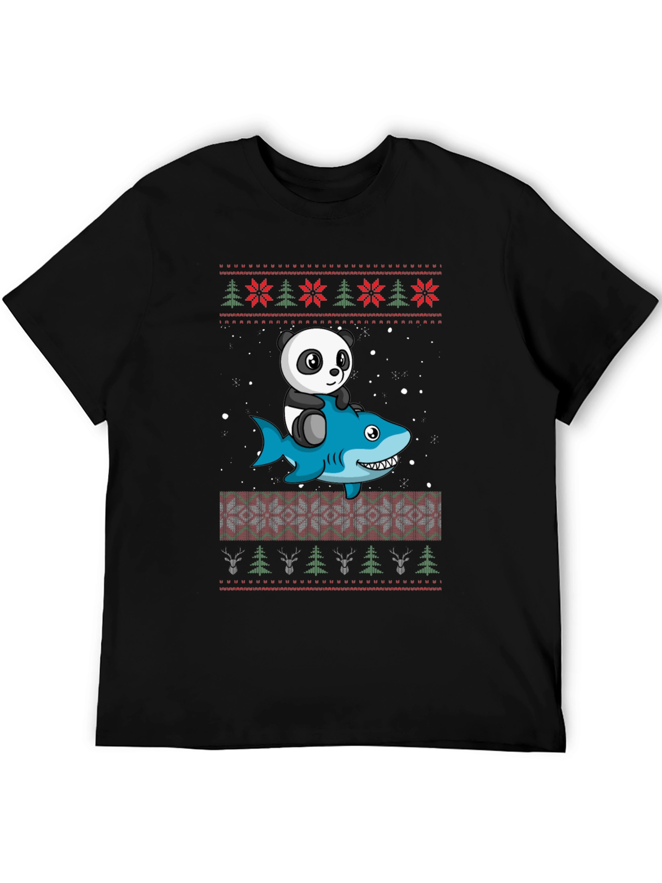 Panda Riding Shark Christmas Sweater Pattern T-Shirt
