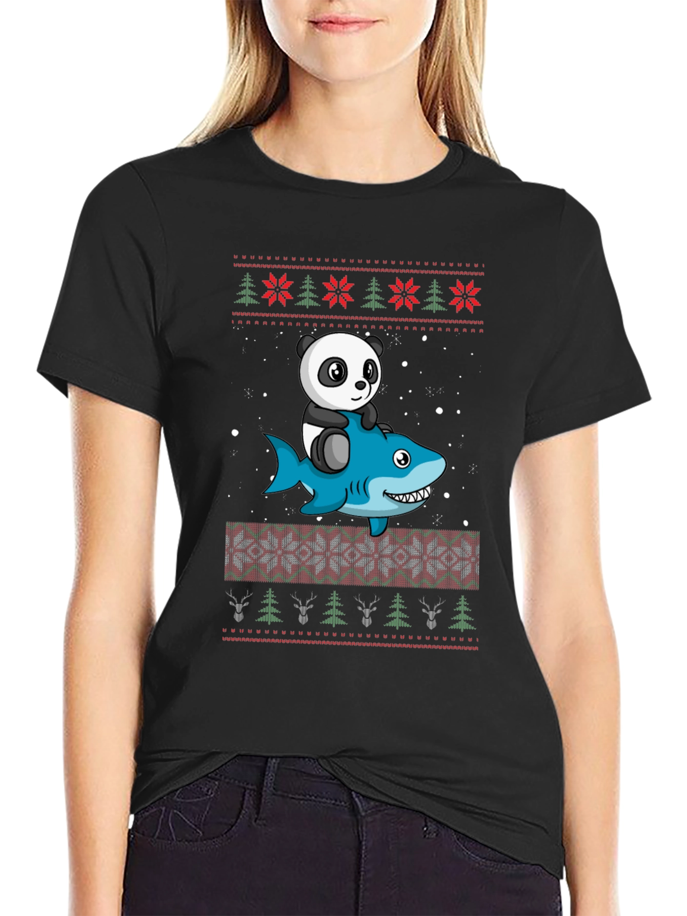 Panda Riding Shark Christmas Sweater Pattern T-Shirt