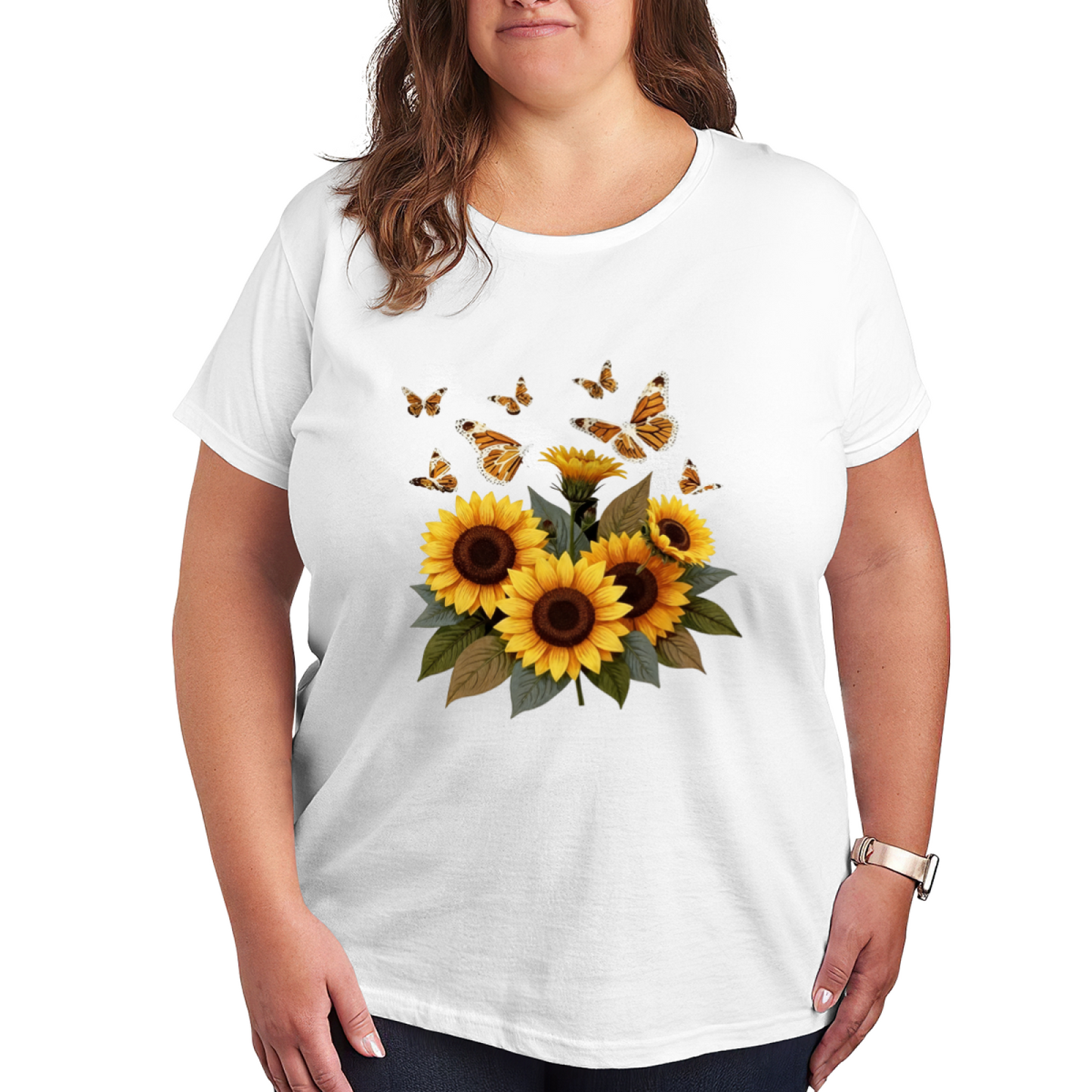 Sunflower & Monarch Butterfly Boho Nature Plus Size Women Graphic Print T-Shirt