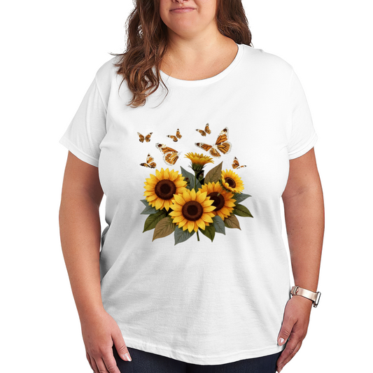 Sunflower & Monarch Butterfly Boho Nature Plus Size Women Graphic Print T-Shirt