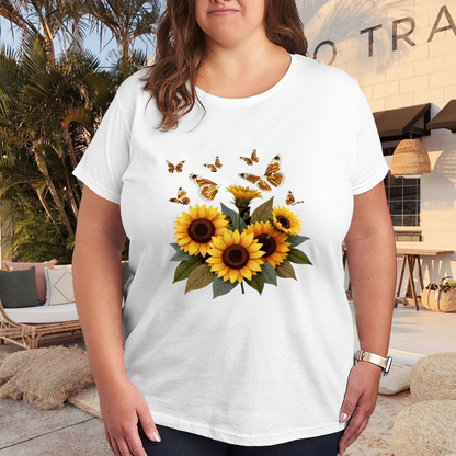 Sunflower & Monarch Butterfly Boho Nature Plus Size Women Graphic Print T-Shirt