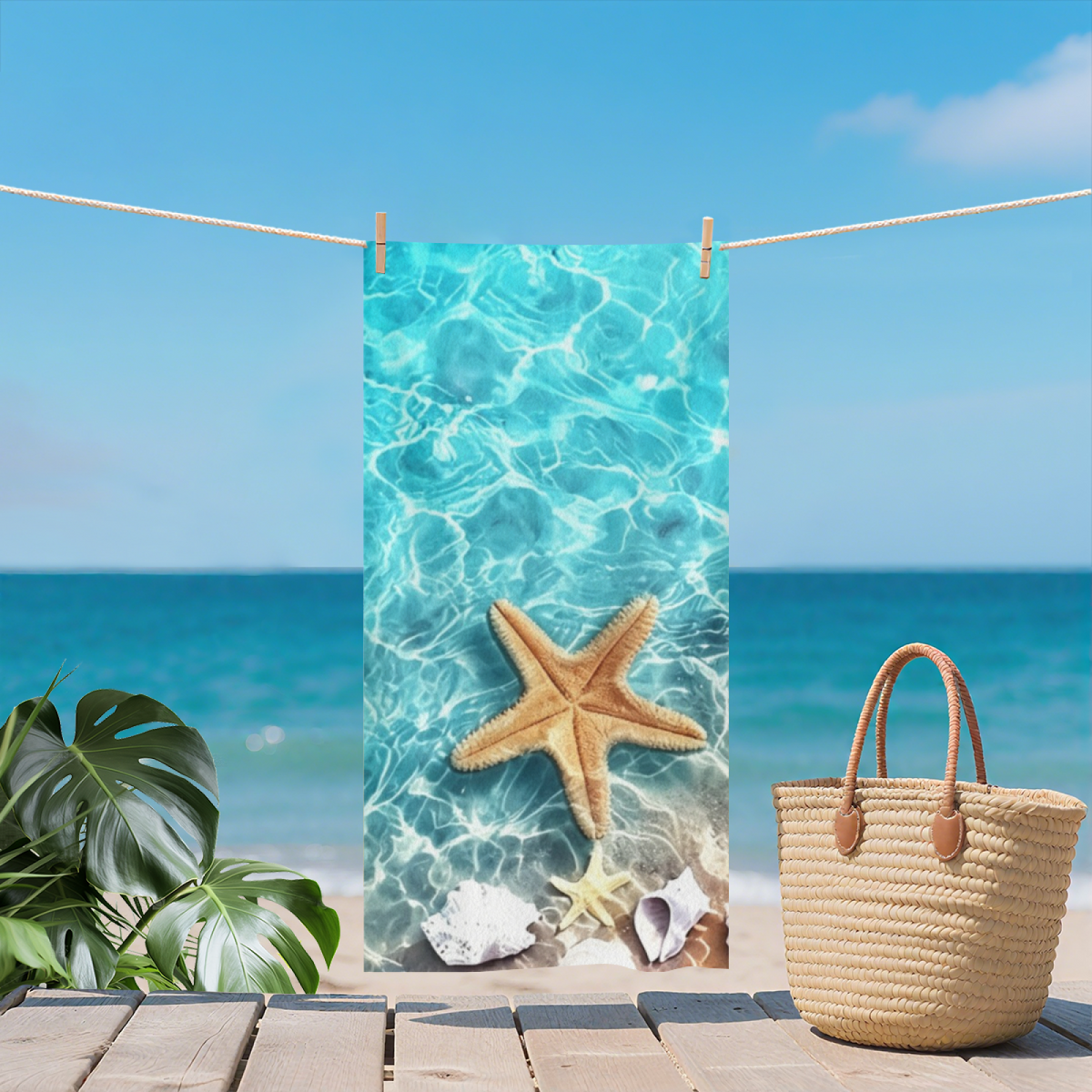 Oversized Starfish Ocean Style Beach Towel, Extra Comfortable, Soft Fluffy and Strong Water Absorption