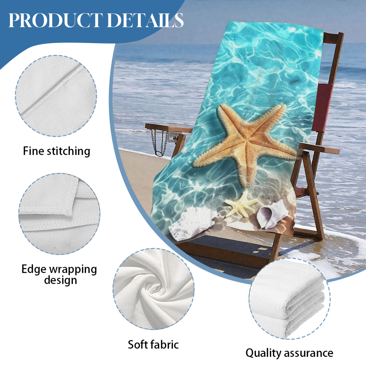Oversized Starfish Ocean Style Beach Towel, Extra Comfortable, Soft Fluffy and Strong Water Absorption