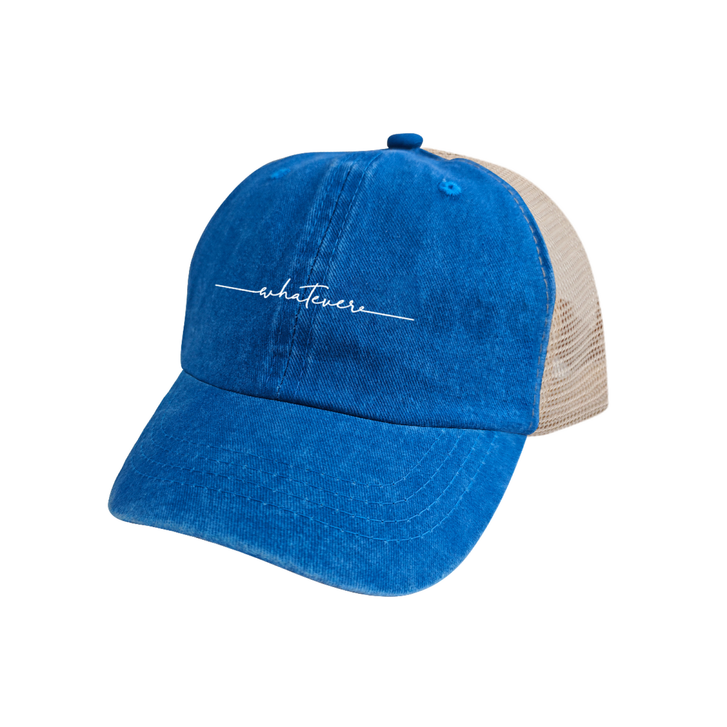 Whatever Cursive Script Minimal Royal Blue Washed Mesh Trucker Hat, Casual Chill Everyday Vintage Cap