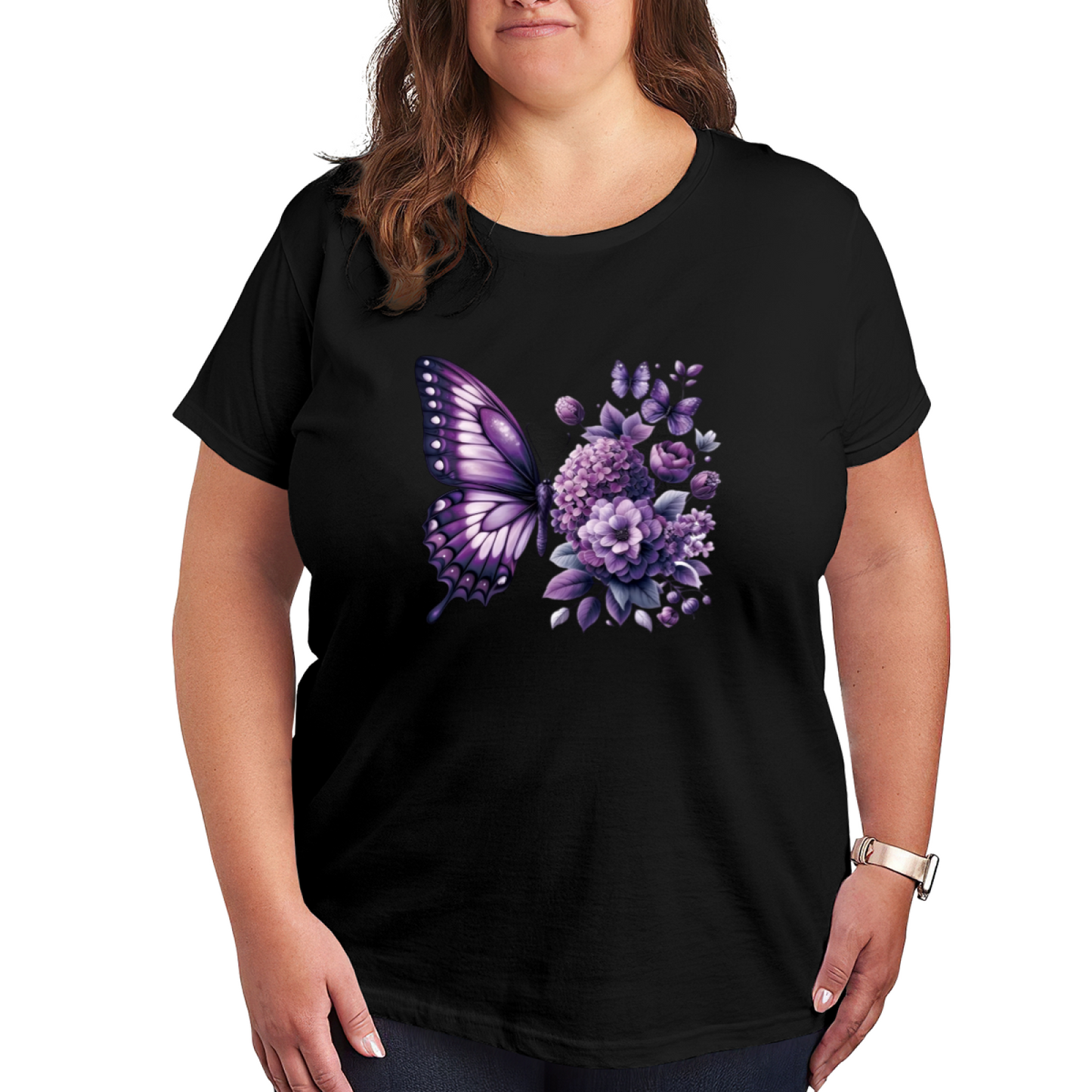 Large Purple Butterfly Hydrangea Floral Plus Size Women Printed T-Shirt