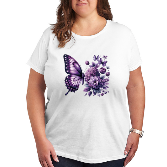 Large Purple Butterfly Hydrangea Floral Plus Size Women Printed T-Shirt