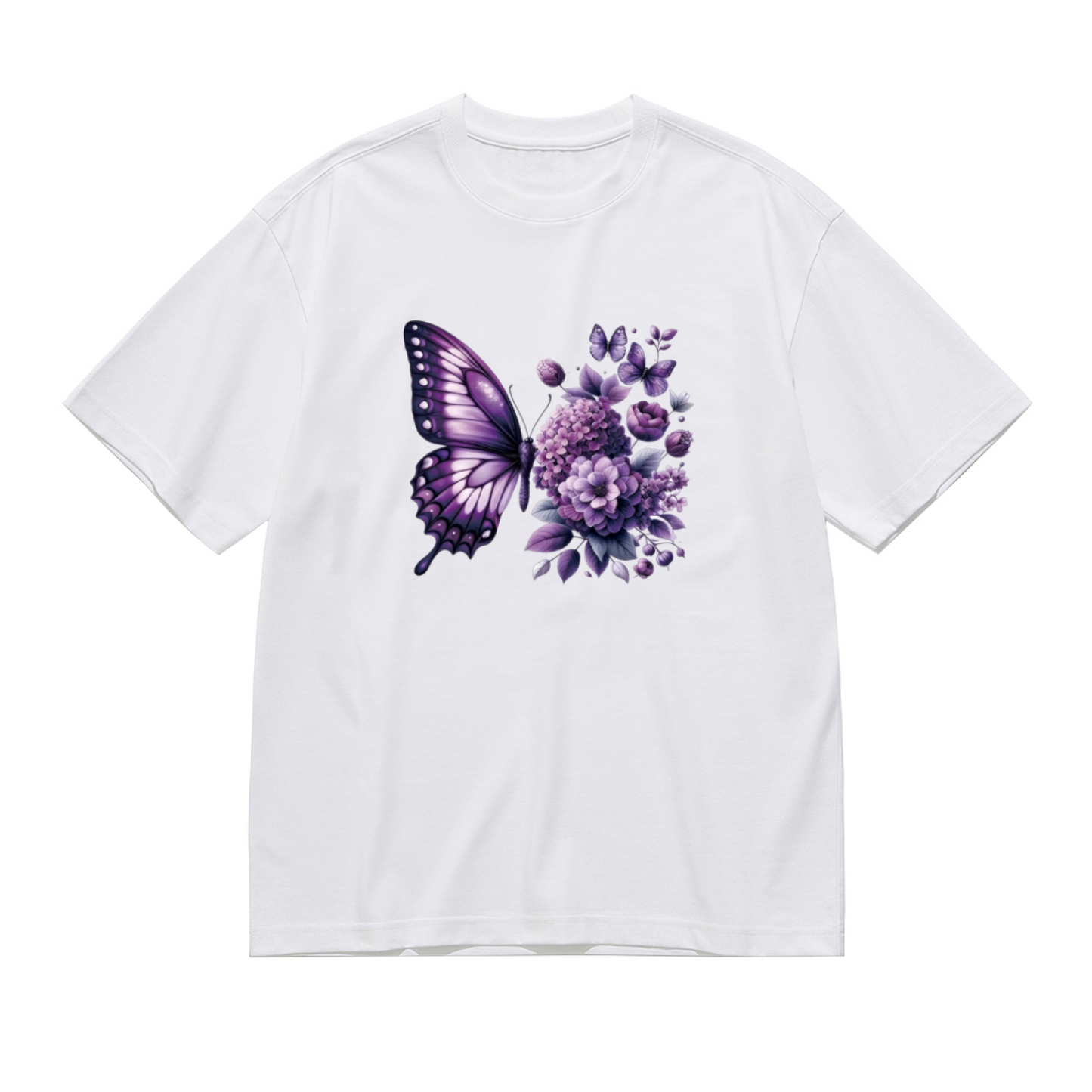 Large Purple Butterfly Hydrangea Floral Plus Size Women Printed T-Shirt