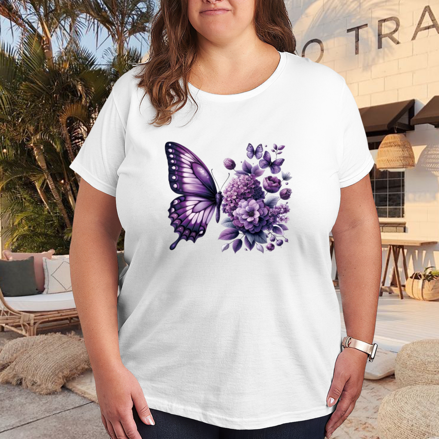Large Purple Butterfly Hydrangea Floral Plus Size Women Printed T-Shirt