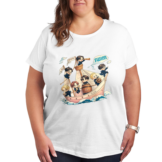 Cute Cartoon Boys Sail Ship Swim Anime Plus Size Women's Printed T-Shirt