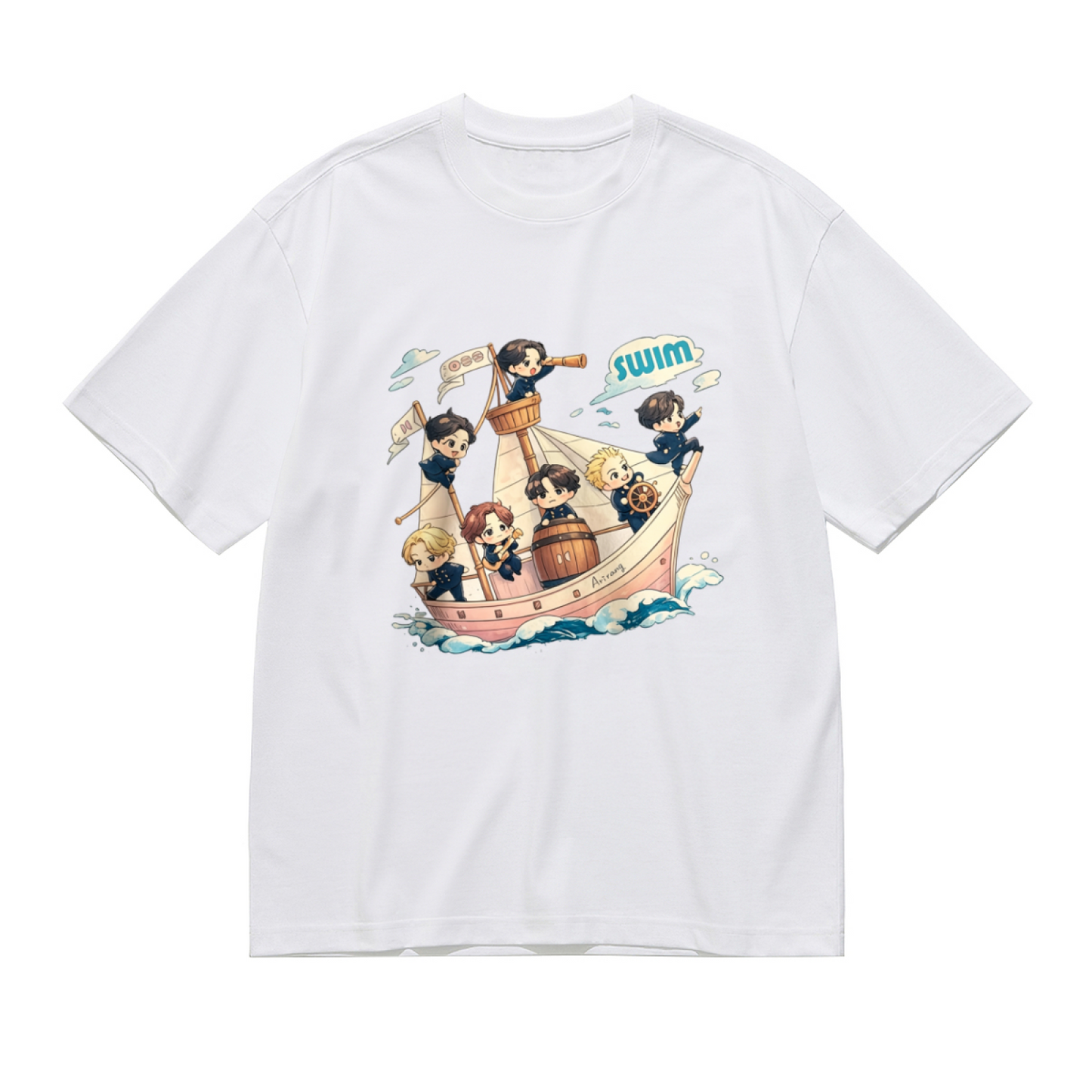 Cute Cartoon Boys Sail Ship Swim Anime Plus Size Women's Printed T-Shirt