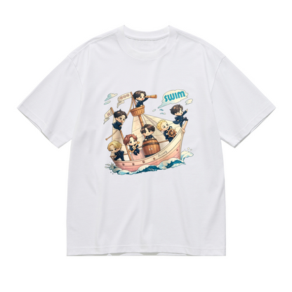 Cute Cartoon Boys Sail Ship Swim Anime Plus Size Women's Printed T-Shirt