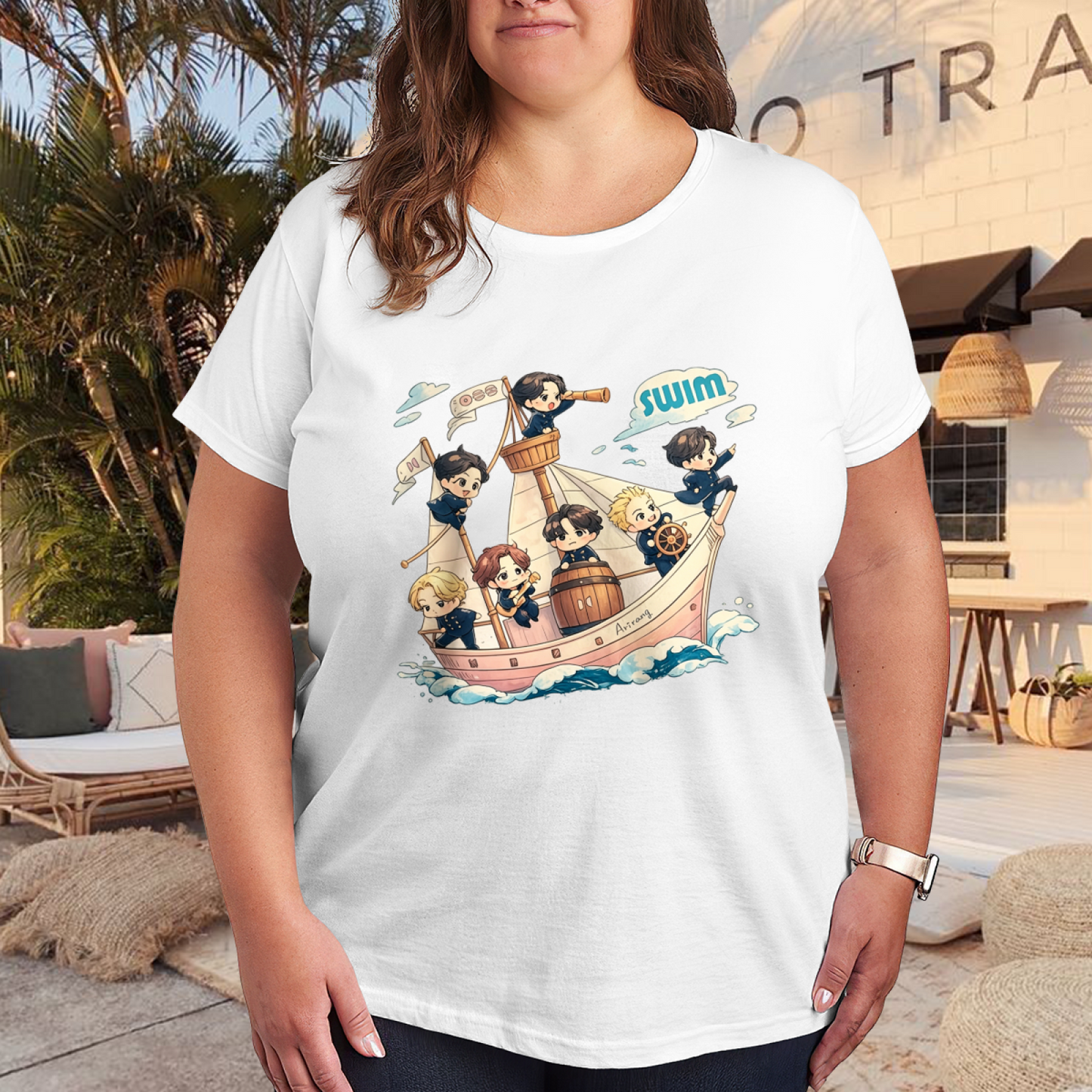 Cute Cartoon Boys Sail Ship Swim Anime Plus Size Women's Printed T-Shirt