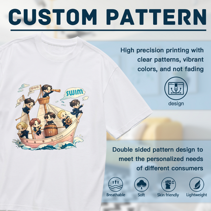 Cute Cartoon Boys Sail Ship Swim Anime Plus Size Women's Printed T-Shirt