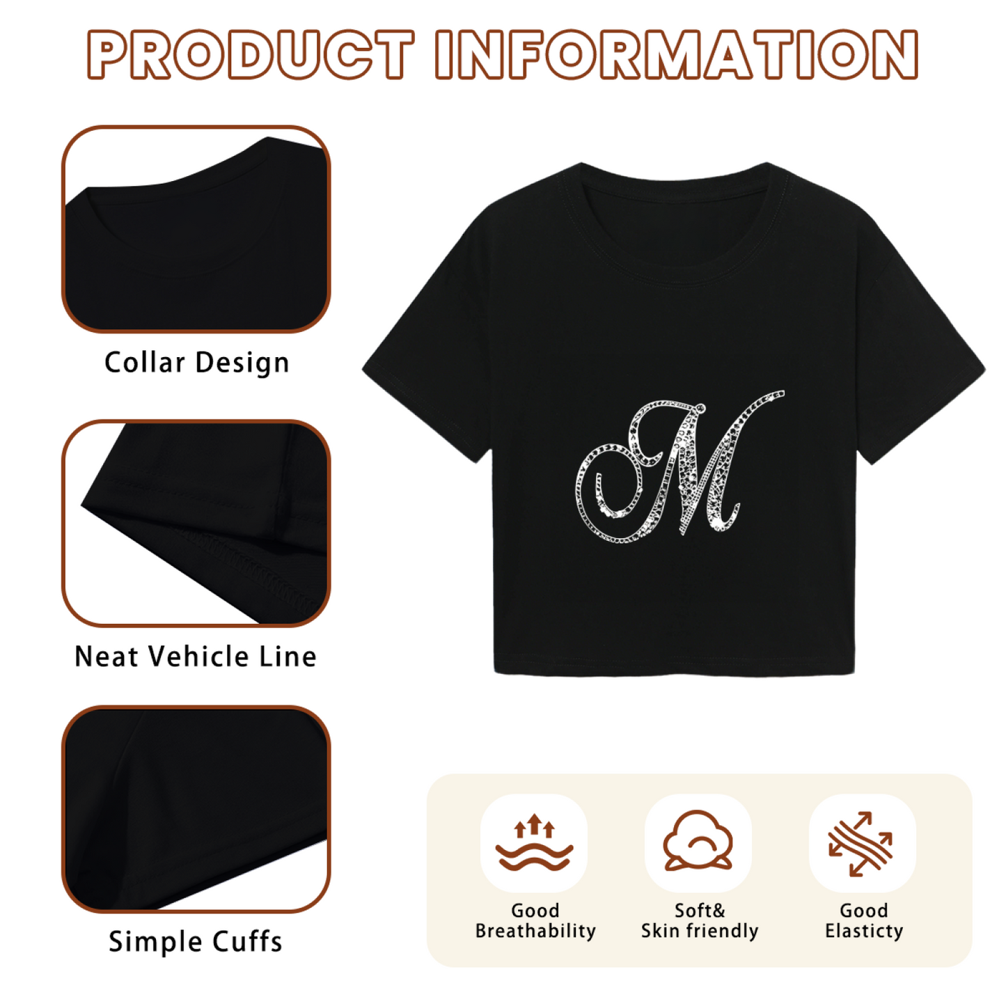 Glam Black Crop T-Shirt With Sparkly Rhinestone Cursive Letter M