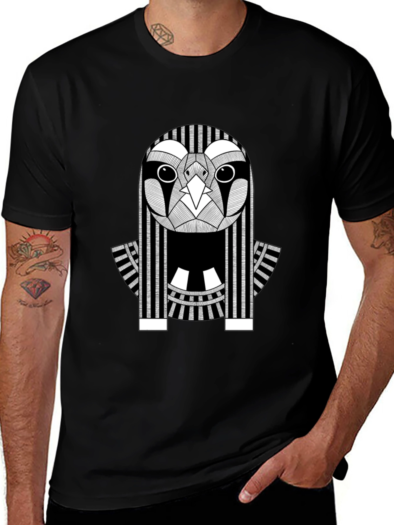 Abstract Owl Graphic Print Black T-Shirt