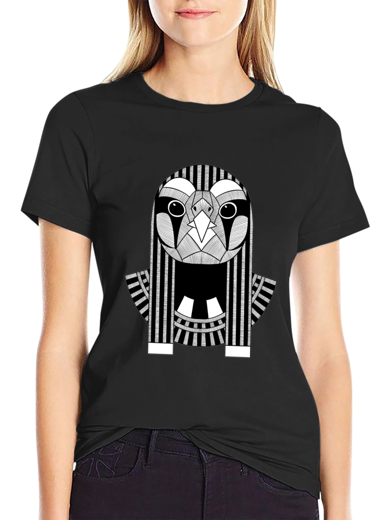 Abstract Owl Graphic Print Black T-Shirt